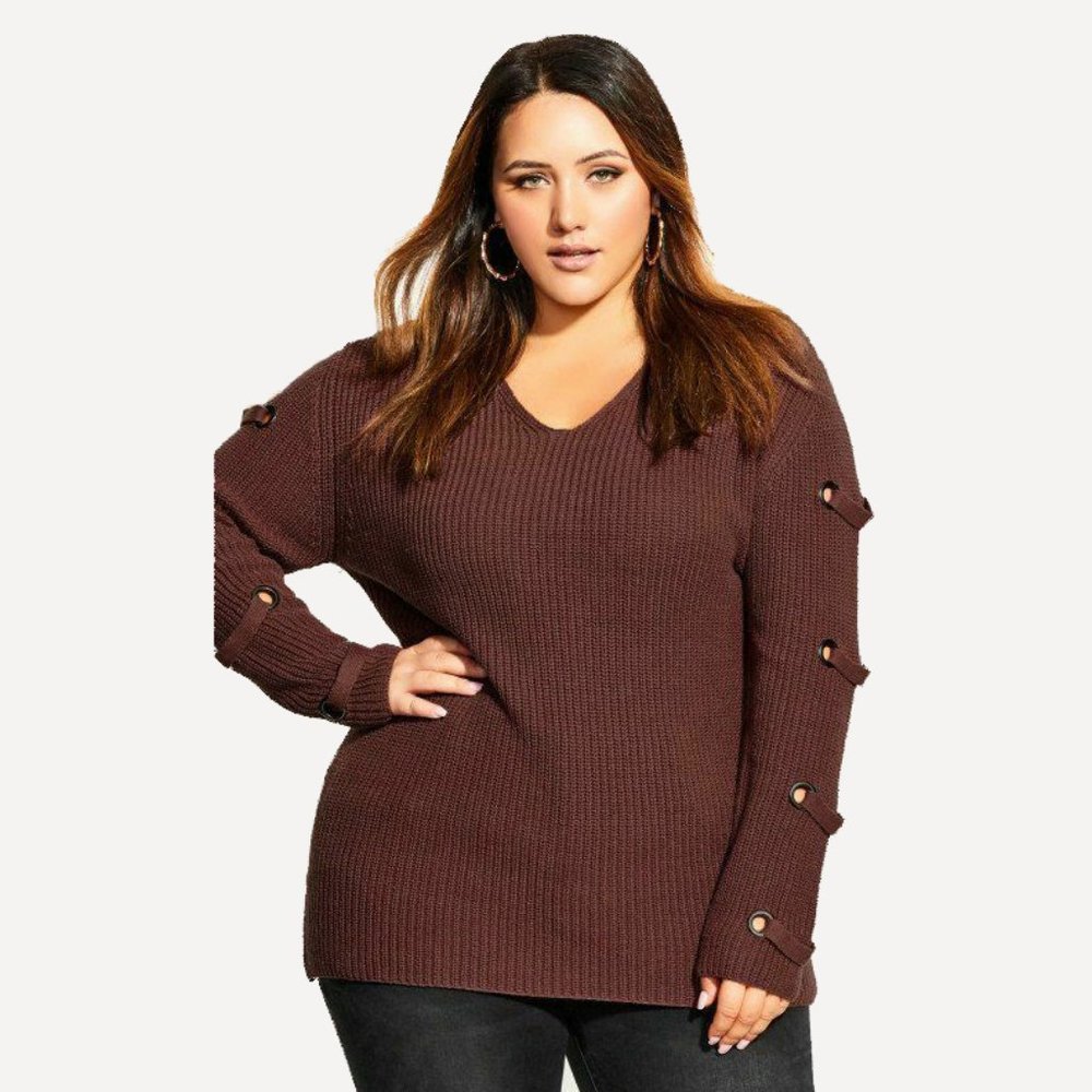 City Chic Women Plus V-Neck Metal Grommet Long Sleeve Pullover Sweater Brown